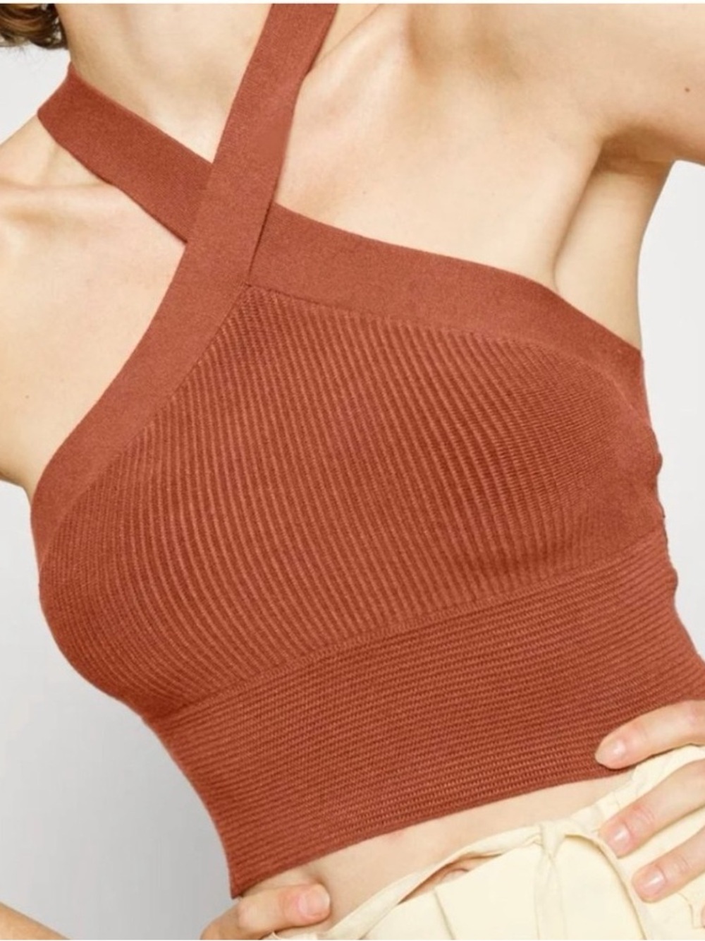 Abercrombie & Fitch Brown Ottoman Halter Cropped Ribbed Tank Top, XL - Picture 2 of 7